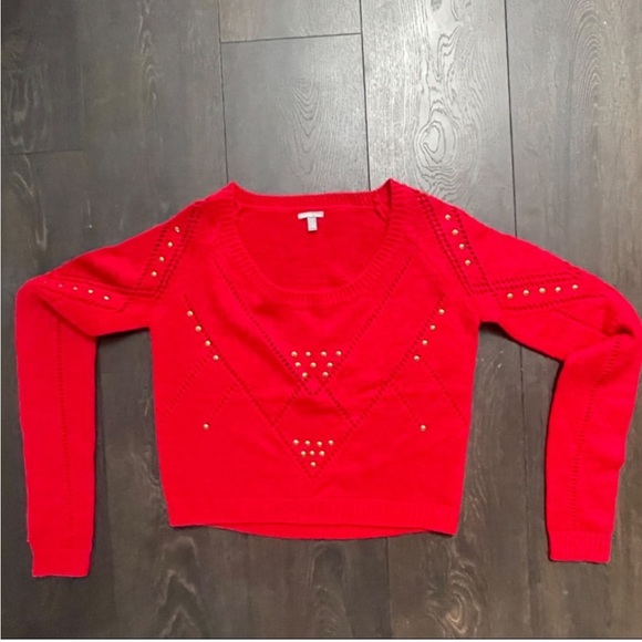 Charlotte Russe Christmas Red Gold Studded Crop Top Sweater - Picture 2 of 6
